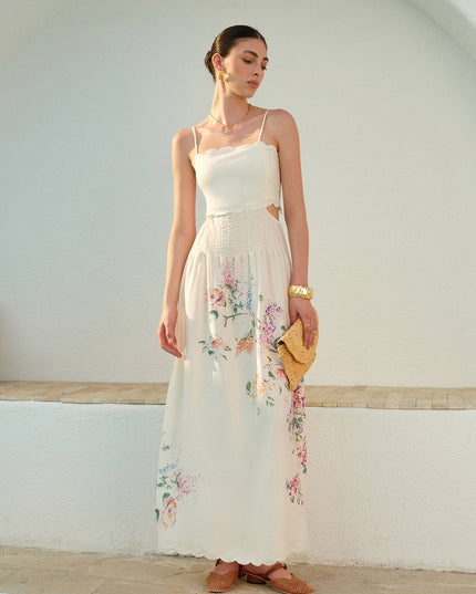 Women's Floral Print Cut Out Scallop Hem Maxi Dress