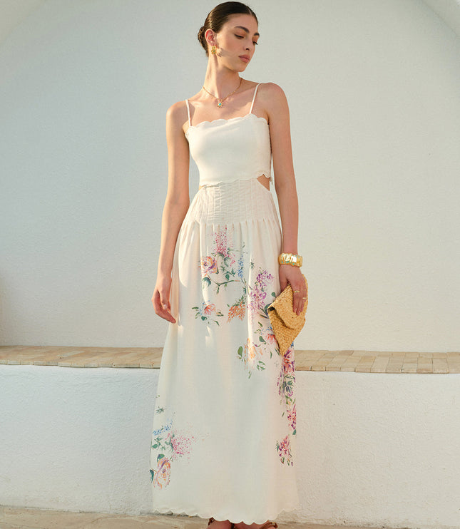 Women's Floral Print Cut Out Scallop Hem Maxi Dress