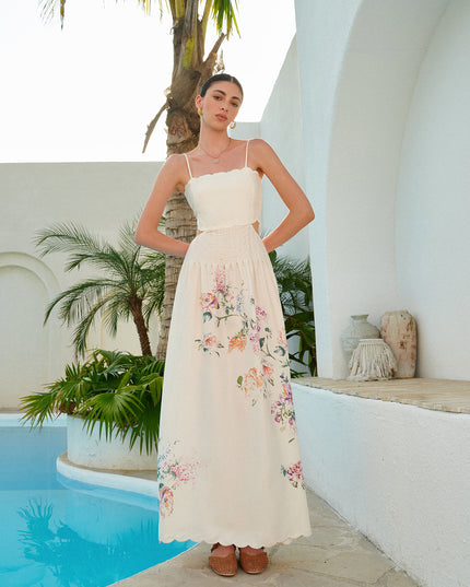 Women's Floral Print Cut Out Scallop Hem Maxi Dress