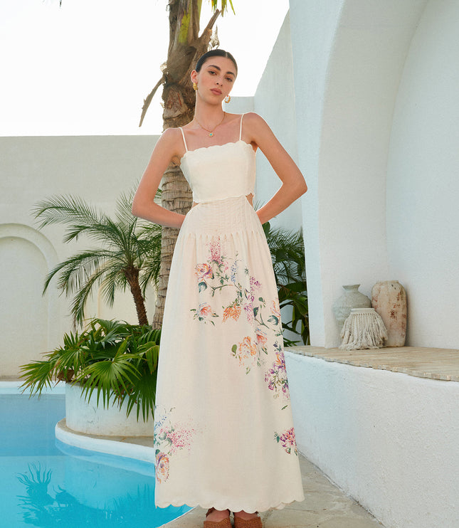 Women's Floral Print Cut Out Scallop Hem Maxi Dress