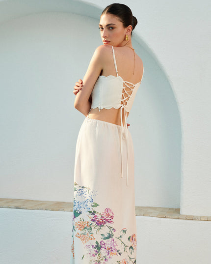 Women's Floral Print Cut Out Scallop Hem Maxi Dress