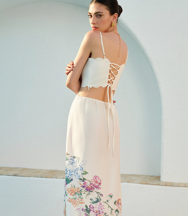 Women's Floral Print Cut Out Scallop Hem Maxi Dress