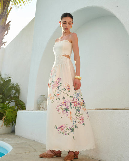 Women's Floral Print Cut Out Scallop Hem Maxi Dress