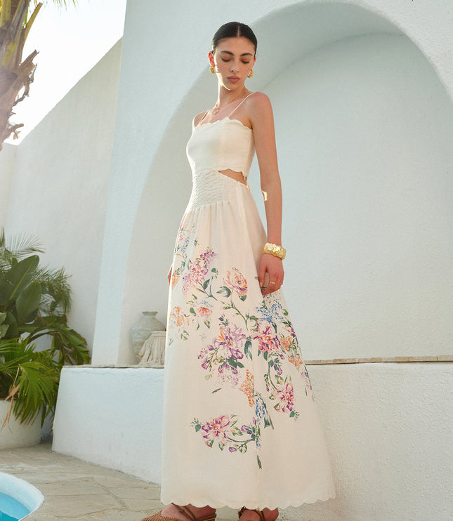 Women's Floral Print Cut Out Scallop Hem Maxi Dress
