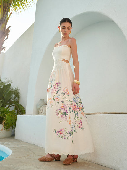 Women's Floral Print Cut Out Scallop Hem Maxi Dress