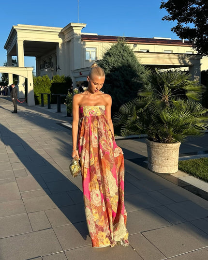 Women's Floral Print Gown with a Fitted Strapless Top