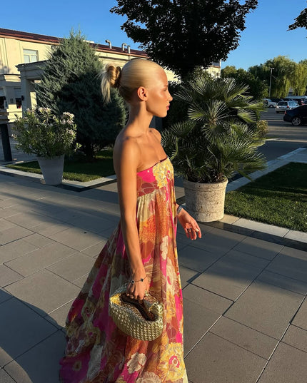 Women's Floral Print Gown with a Fitted Strapless Top