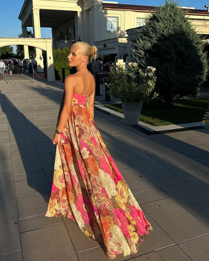 Women's Floral Print Gown with a Fitted Strapless Top