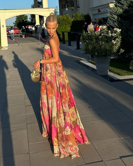 Women's Floral Print Gown with a Fitted Strapless Top