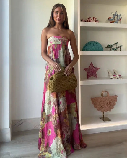 Women's Floral Print Gown with a Fitted Strapless Top