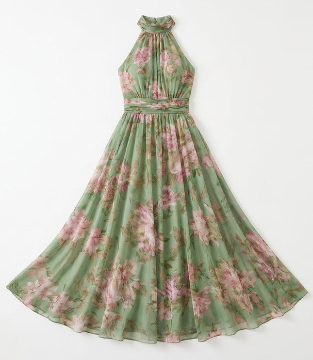 Women's Floral Print Halter Neck Summer Maxi Dress