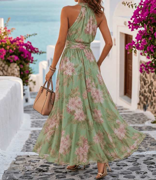 Women's Floral Print Halter Neck Summer Maxi Dress