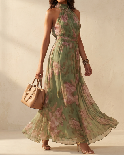 Women's Floral Print Halter Neck Summer Maxi Dress