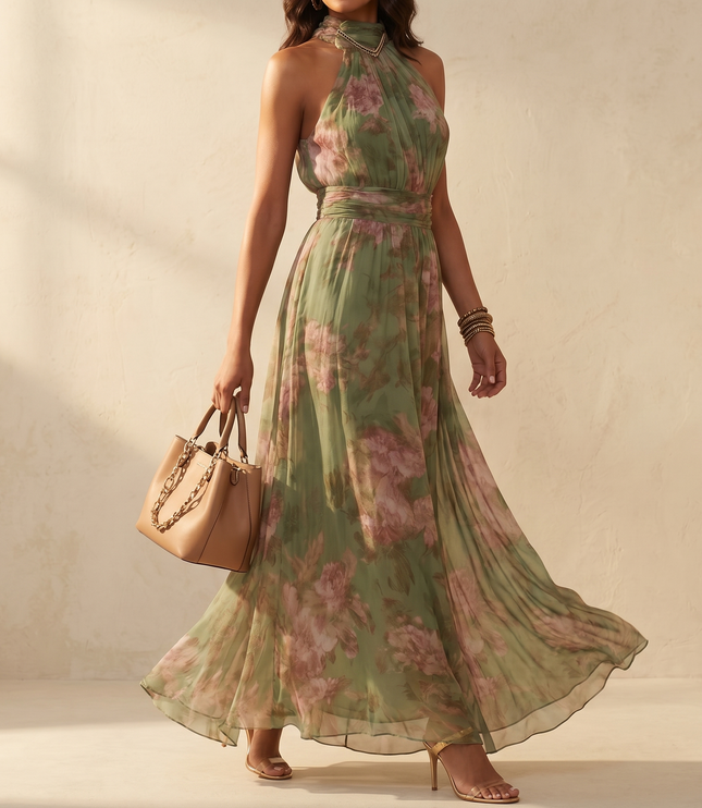 Women's Floral Print Halter Neck Summer Maxi Dress