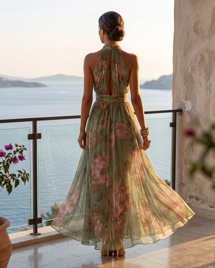 Women's Floral Print Halter Neck Summer Maxi Dress