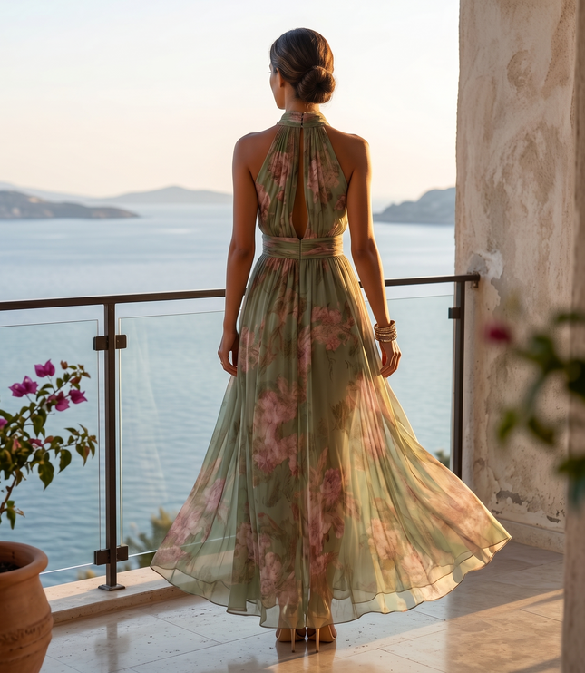 Women's Floral Print Halter Neck Summer Maxi Dress