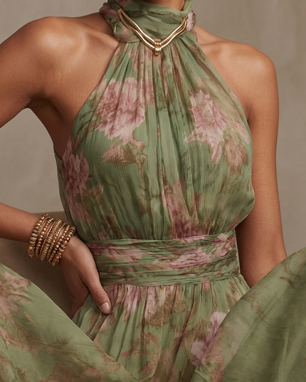 Women's Floral Print Halter Neck Summer Maxi Dress