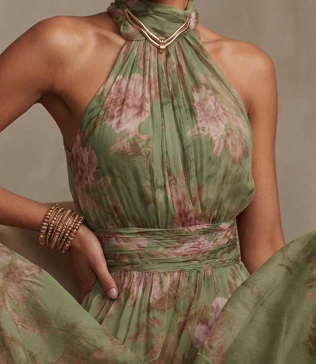 Women's Floral Print Halter Neck Summer Maxi Dress