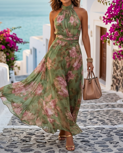 Women's Floral Print Halter Neck Summer Maxi Dress