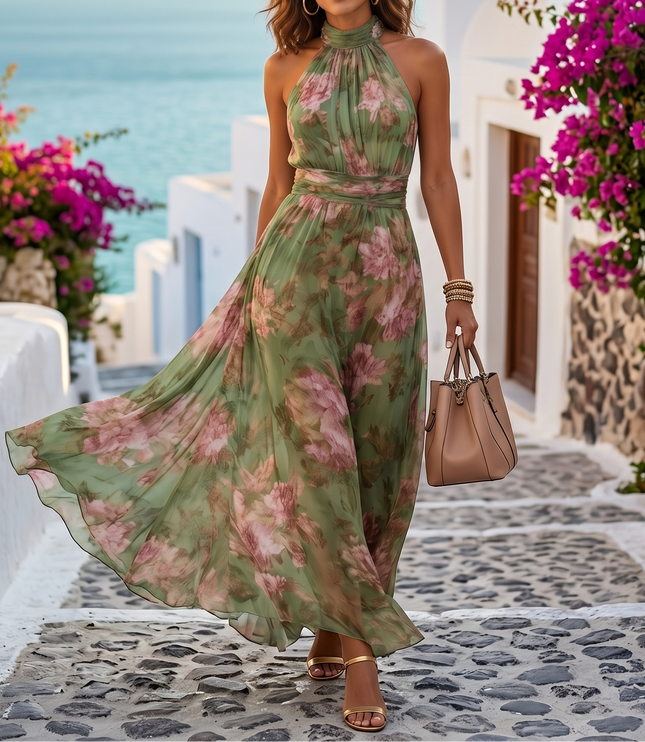 Women's Floral Print Halter Neck Summer Maxi Dress