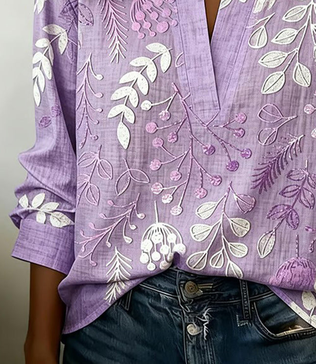 Women's Floral Print High Collar Long Sleeve Blouse