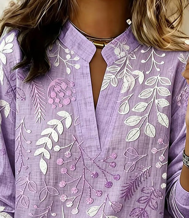 Women's Floral Print High Collar Long Sleeve Blouse