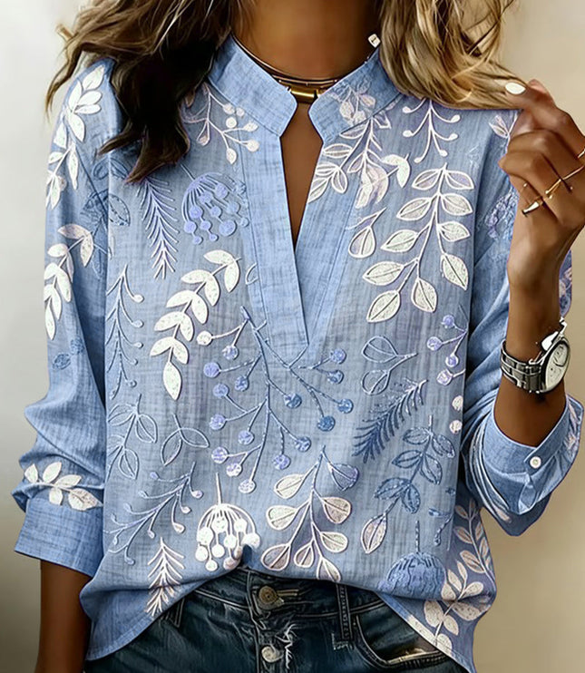 Women's Floral Print High Collar Long Sleeve Blouse