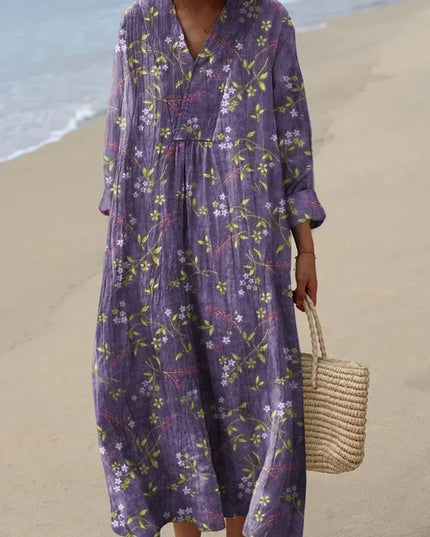 Women's Floral Print V Neck Long Sleeve Midi Dress