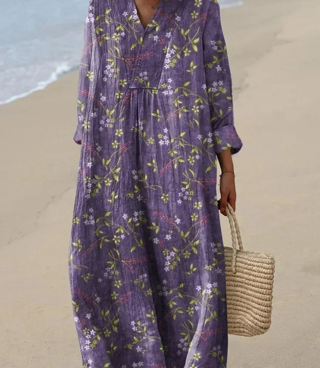 Women's Floral Print V Neck Long Sleeve Midi Dress