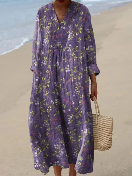 Women's Floral Print V Neck Long Sleeve Midi Dress