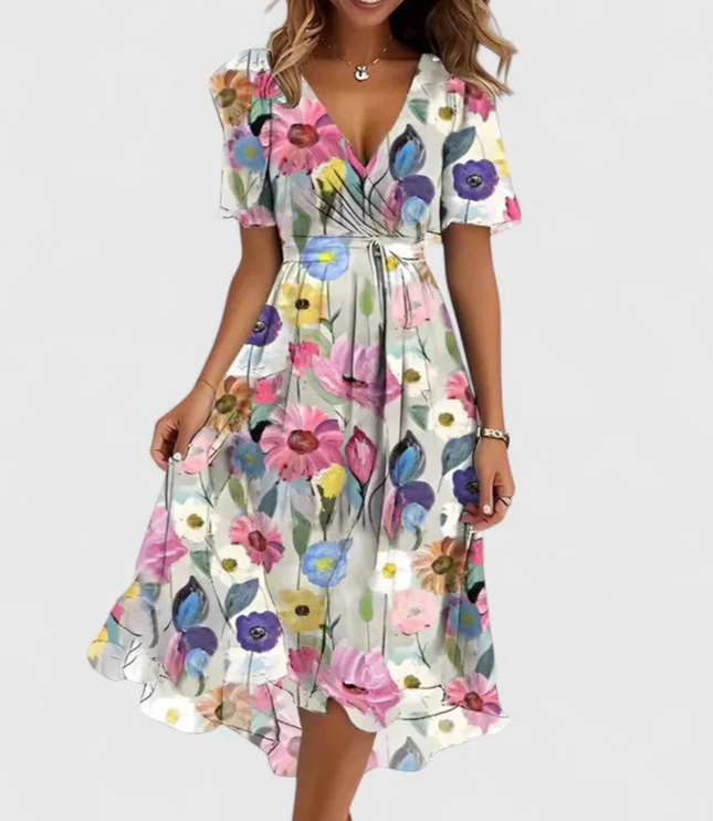 Women's Floral Print V-Neck Short Sleeve Midi Dress