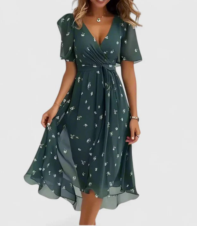 Women's Floral Print V-Neck Short Sleeve Midi Dress