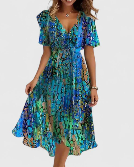 Women's Floral Print V-Neck Short Sleeve Midi Dress