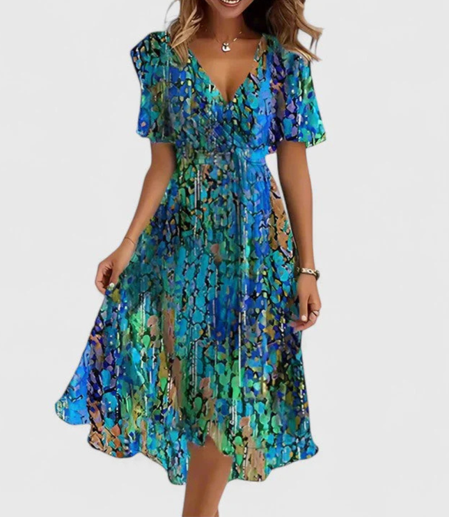 Women's Floral Print V-Neck Short Sleeve Midi Dress