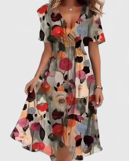 Women's Floral Print V-Neck Short Sleeve Midi Dress