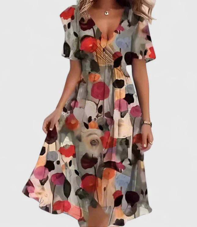 Women's Floral Print V-Neck Short Sleeve Midi Dress