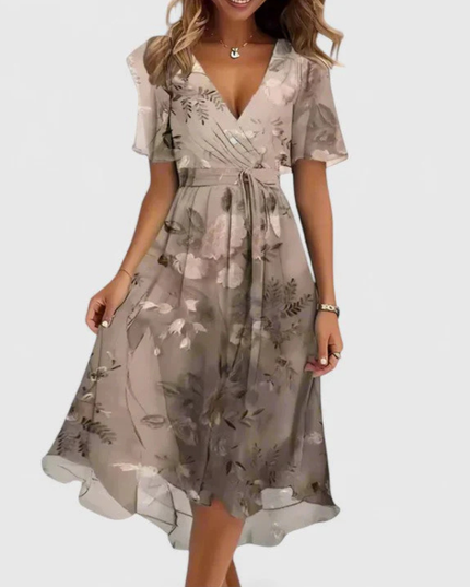 Women's Floral Print V-Neck Short Sleeve Midi Dress