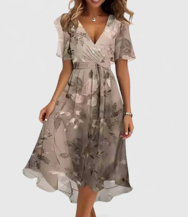 Women's Floral Print V-Neck Short Sleeve Midi Dress