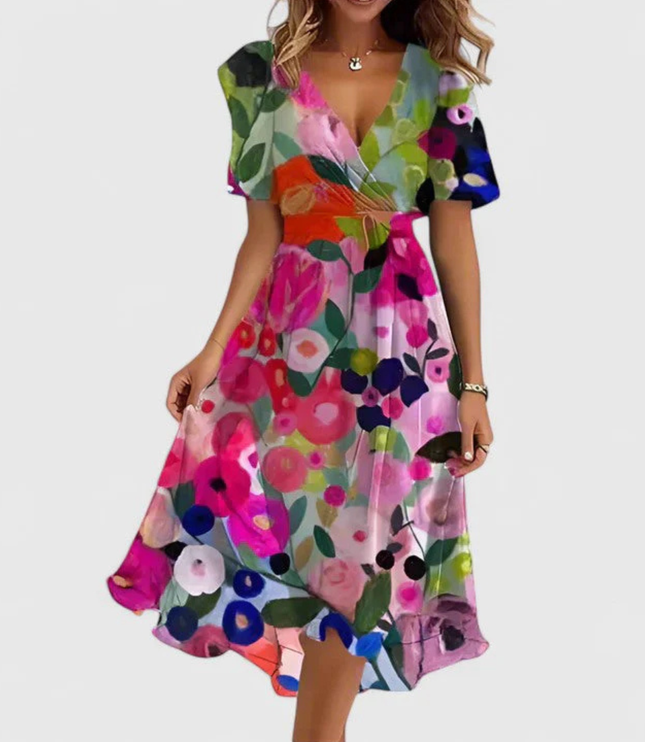 Women's Floral Print V-Neck Short Sleeve Midi Dress