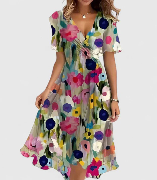 Women's Floral Print V-Neck Short Sleeve Midi Dress