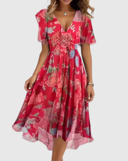 Women's Floral Print V-Neck Short Sleeve Midi Dress
