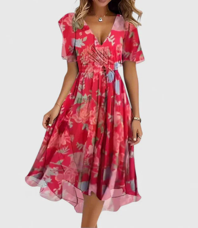 Women's Floral Print V-Neck Short Sleeve Midi Dress