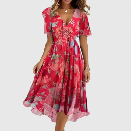 Women's Floral Print V-Neck Short Sleeve Midi Dress