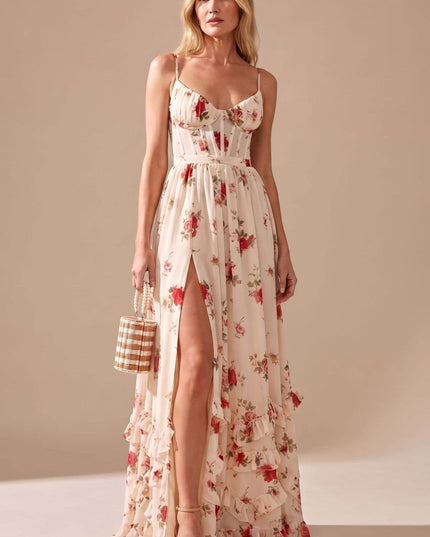Women's Floral Ruffle High Split Sweetheart Maxi Dress