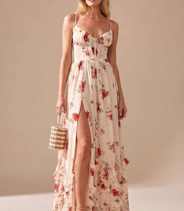 Women's Floral Ruffle High Split Sweetheart Maxi Dress