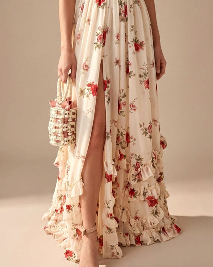 Women's Floral Ruffle High Split Sweetheart Maxi Dress