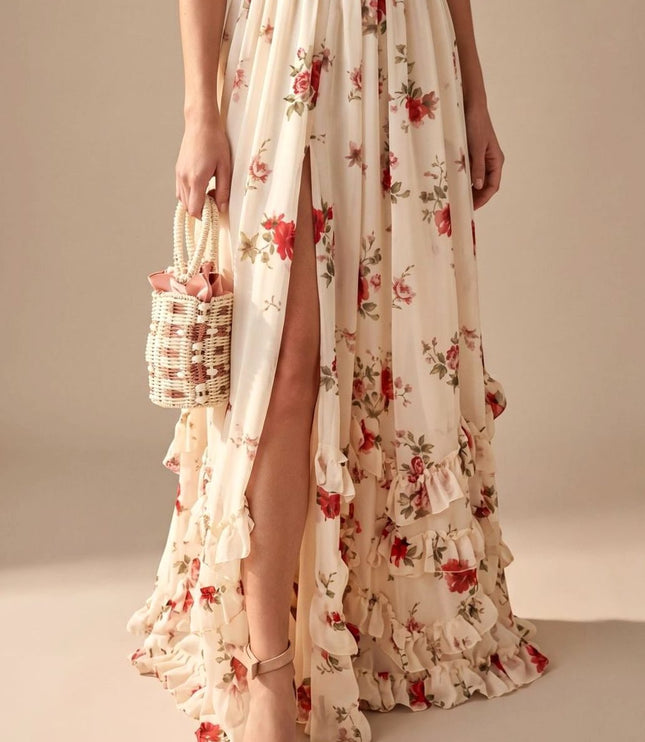 Women's Floral Ruffle High Split Sweetheart Maxi Dress
