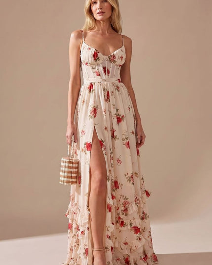 Women's Floral Ruffle High Split Sweetheart Maxi Dress