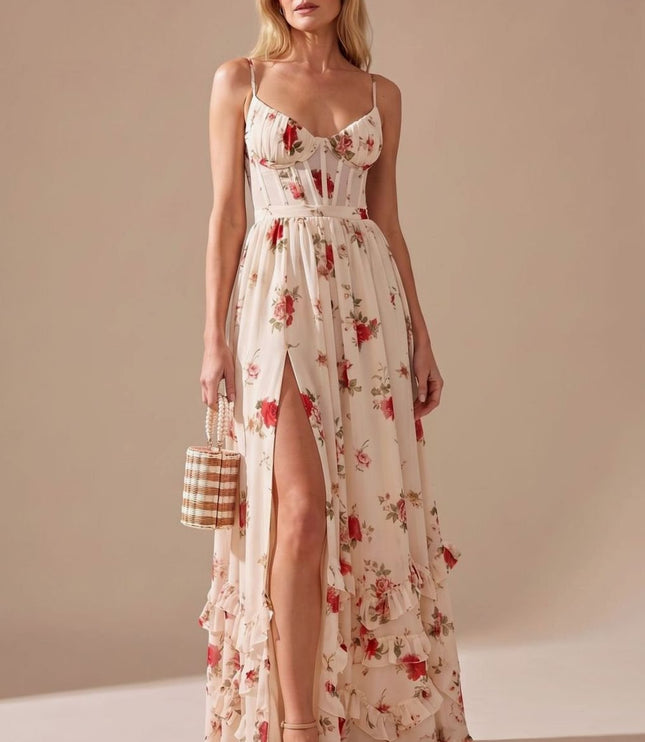 Women's Floral Ruffle High Split Sweetheart Maxi Dress