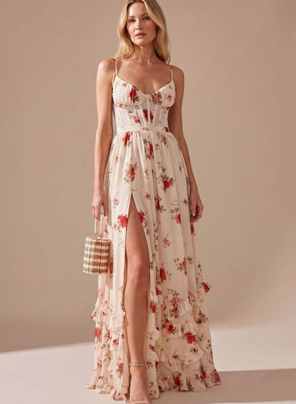 Women's Floral Ruffle High Split Sweetheart Maxi Dress